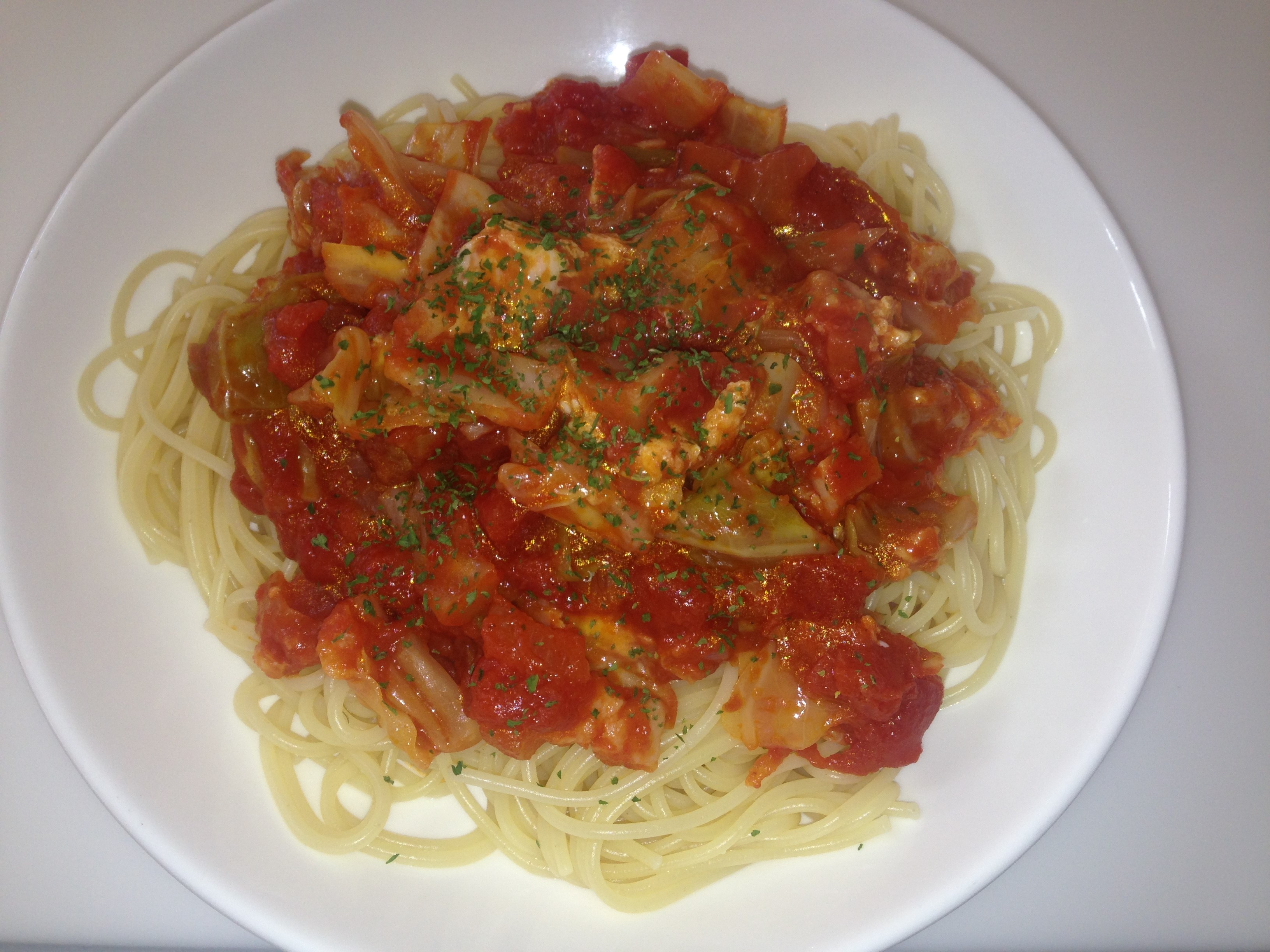 男の簡単料理　15皿目「トマトエッグパスタ」